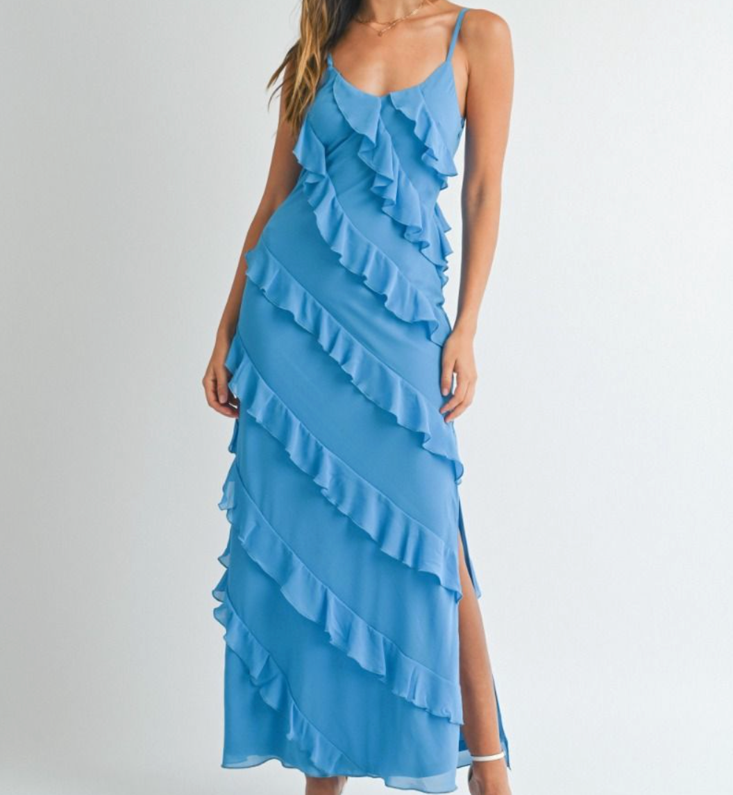 Adjustable Spaghetti Strap V-Neck line Ruffle Tiered Maxi Dress
