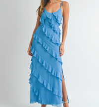 Adjustable Spaghetti Strap V-Neck line Ruffle Tiered Maxi Dress