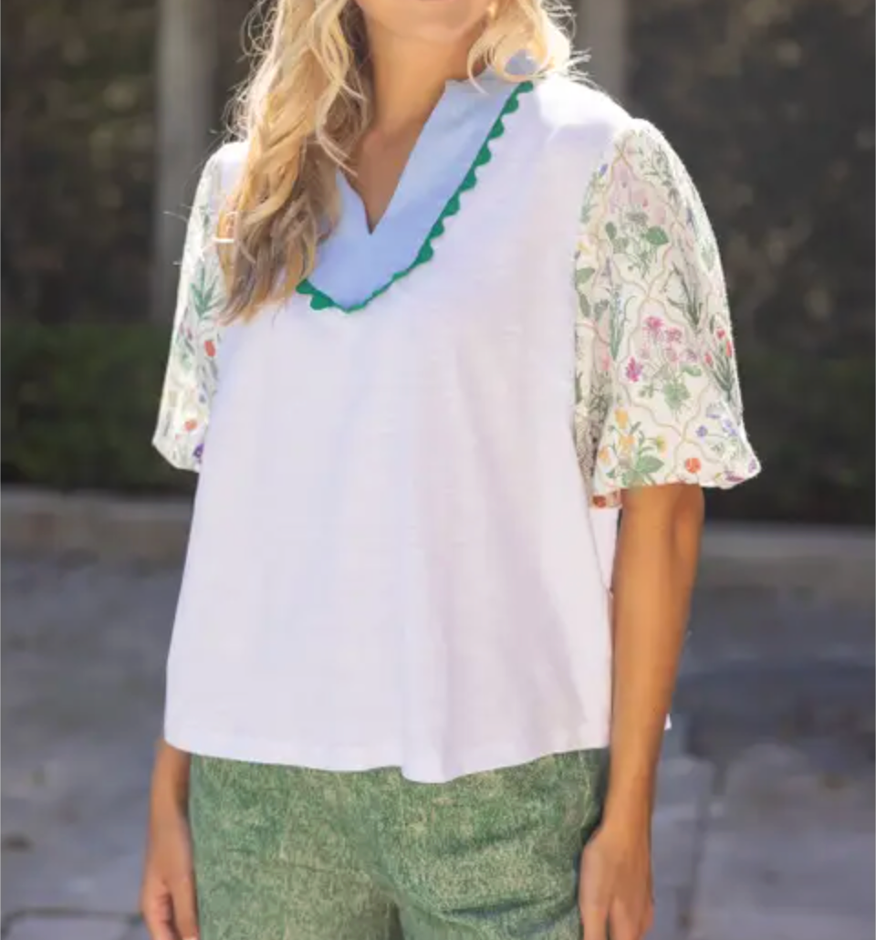 Textured Floral Bubble Sleeve Solid Slub Knit Top