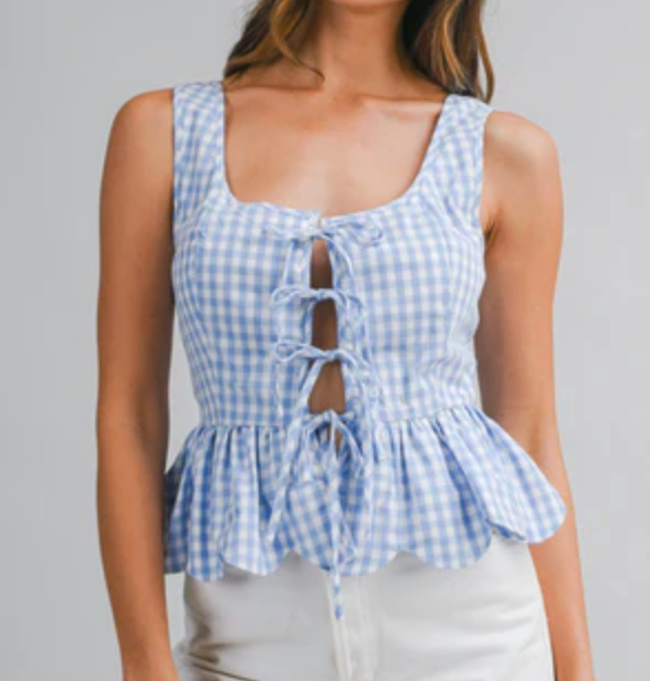 Gingham Plaid Sleeveless Front Tie Top