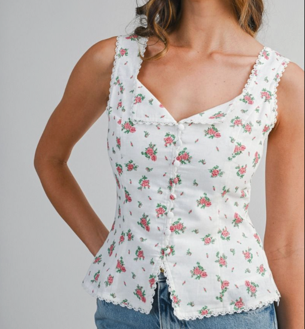 Floral Woven Sleeveless Top With Sweetheart Neckline