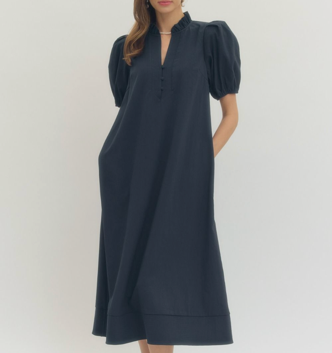 Solid Short Puff Sleeve Midi Dress Navy