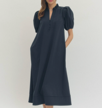 Solid Short Puff Sleeve Midi Dress Navy