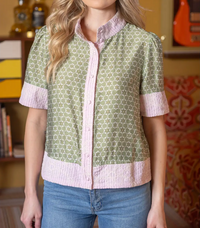 Mixed Print Button Down Embroidered Top