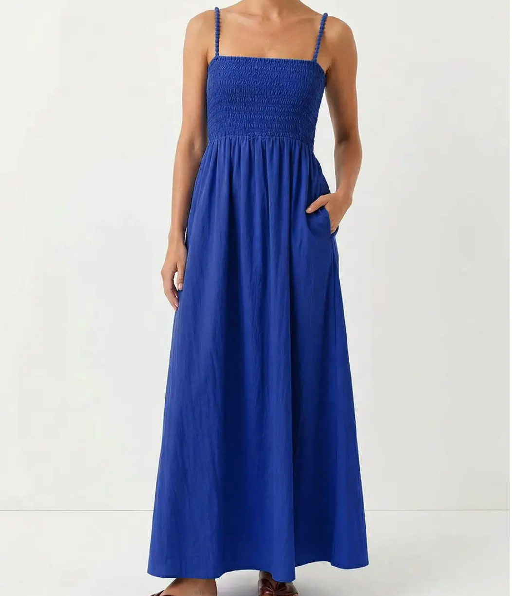 Pom Pom Smocking Maxi Dress-Capri Blue