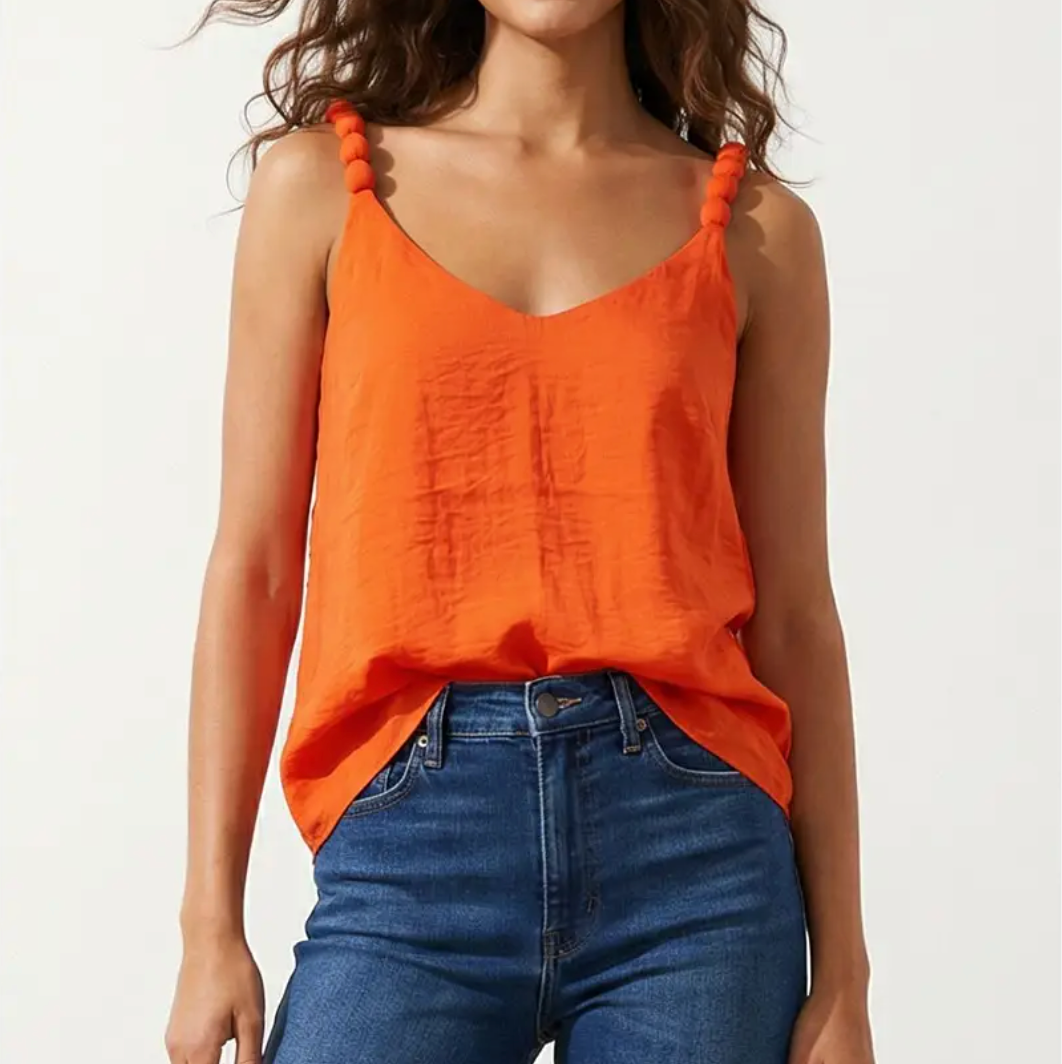 Classic V-Neck Tank Top with Strap Accent -Orange