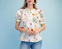 Floral Short Puff Sleeve Top with Trim Details
