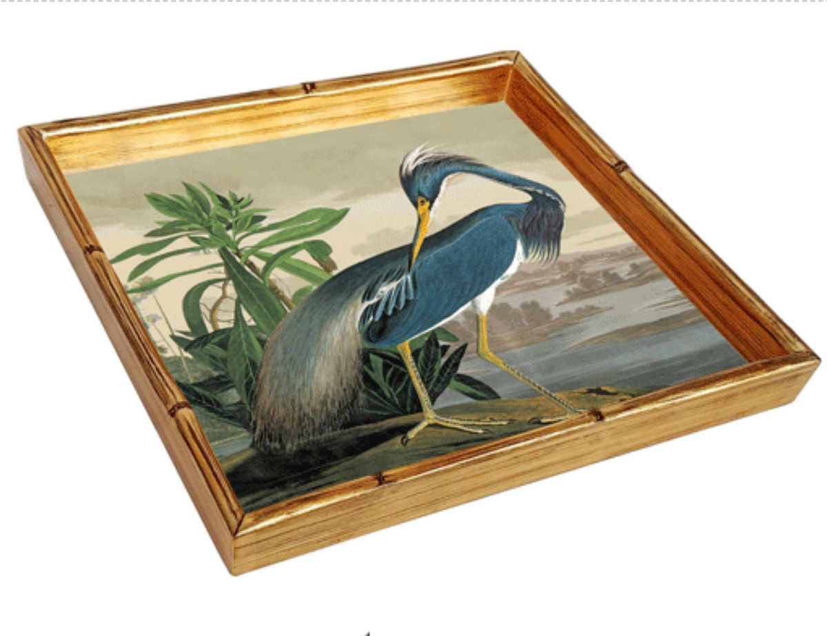 Audubon Heron Bamboo Edge Lacquer Sq Tray-14x14