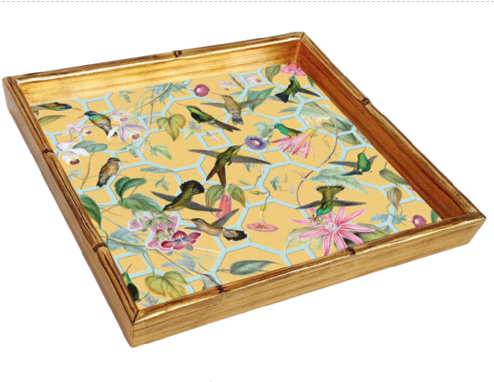 Hummingbird Trellis Gold Bamboo Edge Lacquer Sq Tray-14x14