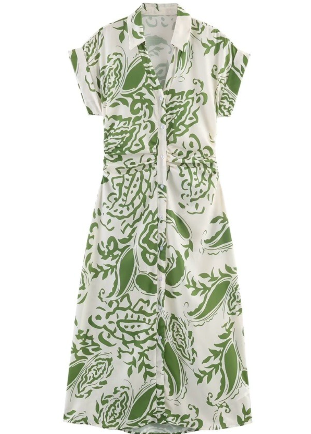 Printed Shirt Dress With Ruching-Green