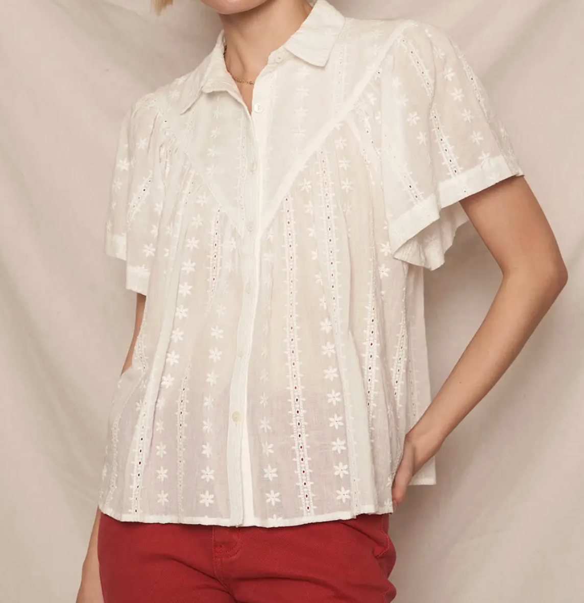 Short Sleeve Lace Button Down Shirt