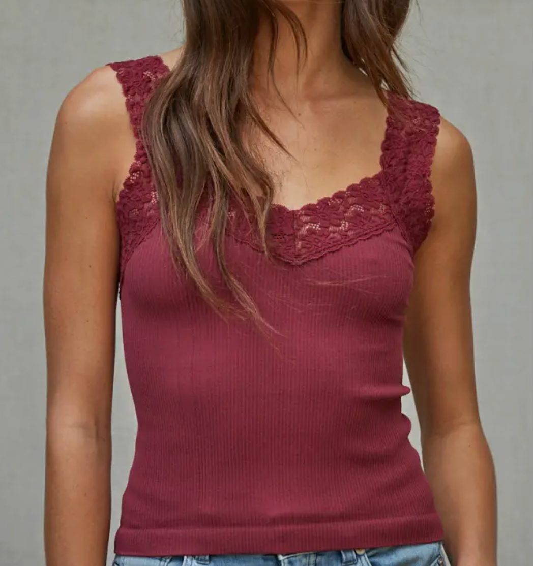 Knit Seamless Ribbed Tank Top with Lace Trim-Cabernet Red