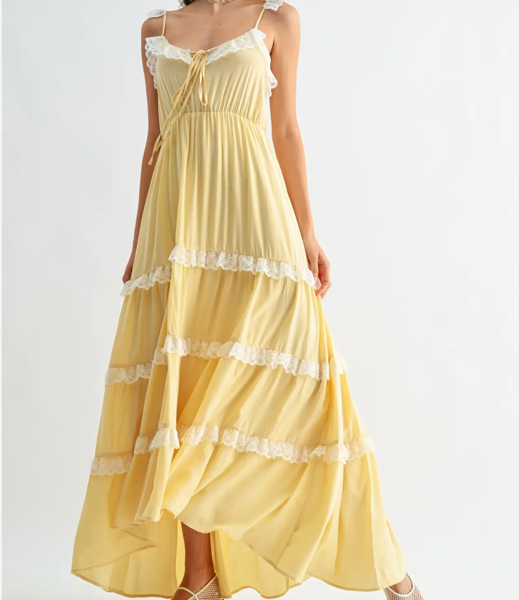 Sunshine Lace-Trimmed Maxi Tiered Dress