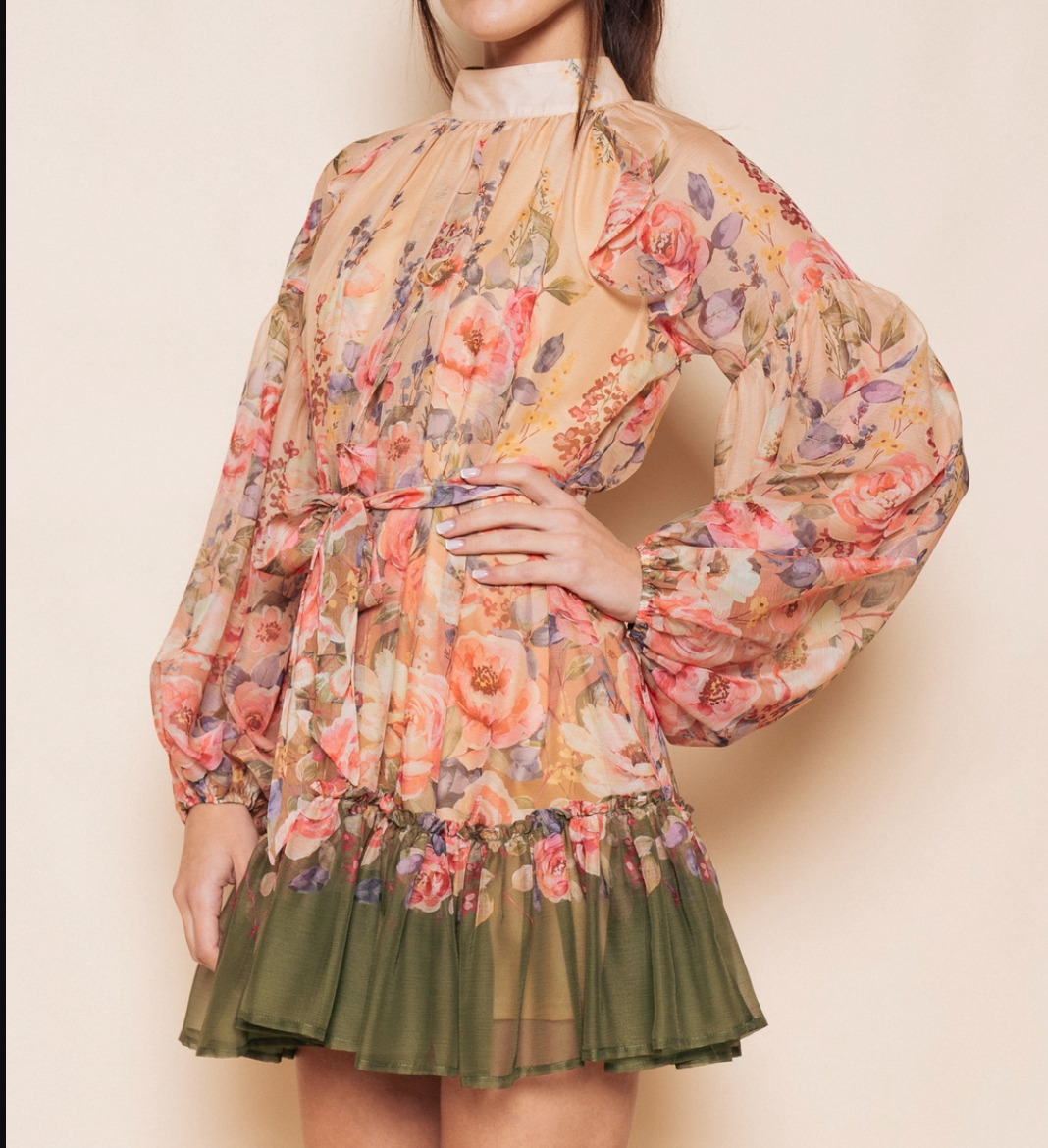 Sheer Mock Neck Flowy Mini Dress with Tie Belt L