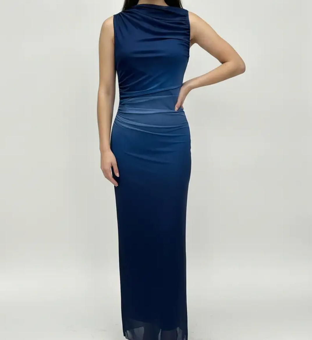 Chic Mesh Modern Ombre Sleeveless Long Dress-Blue