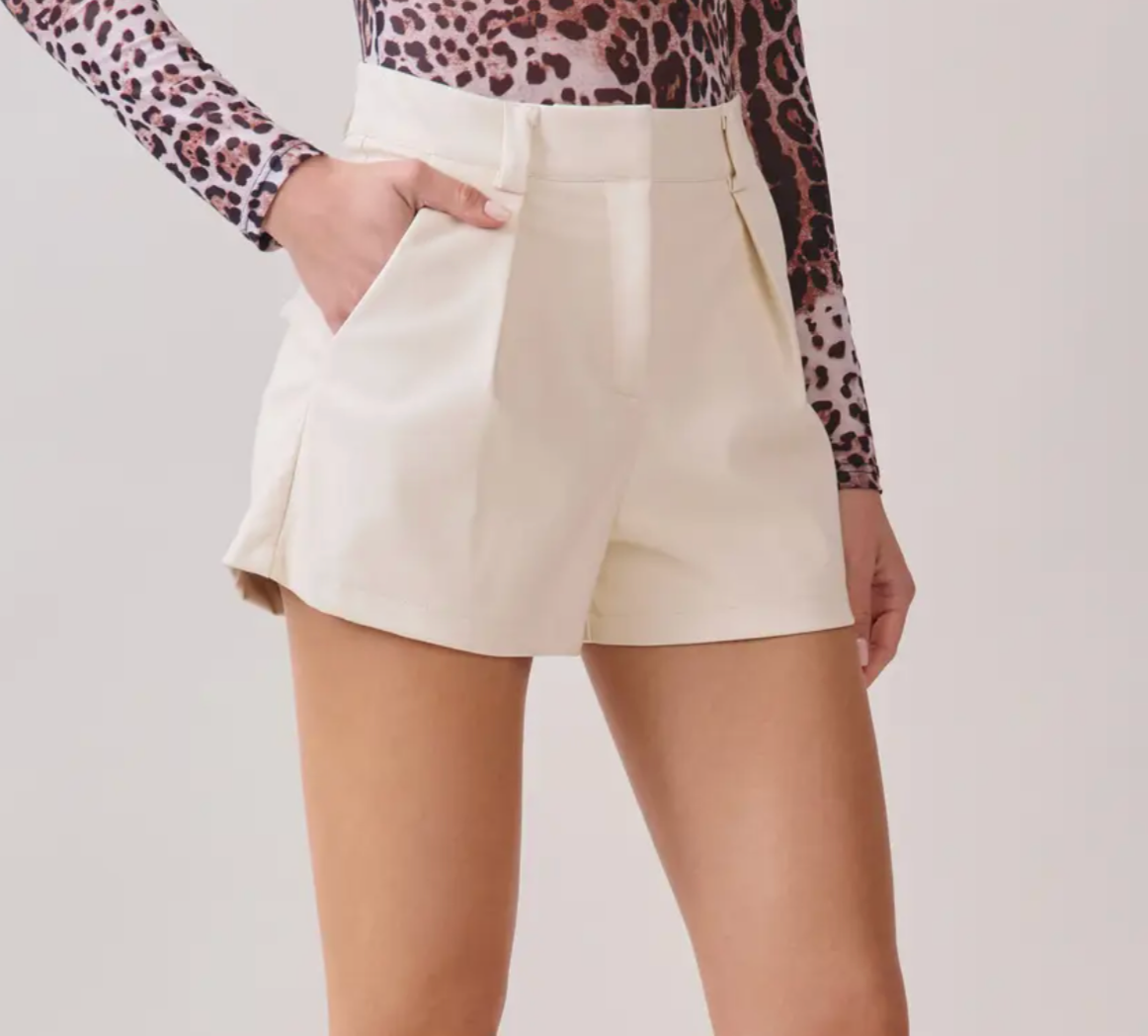 Faux Leather Pleated Cream Shorts