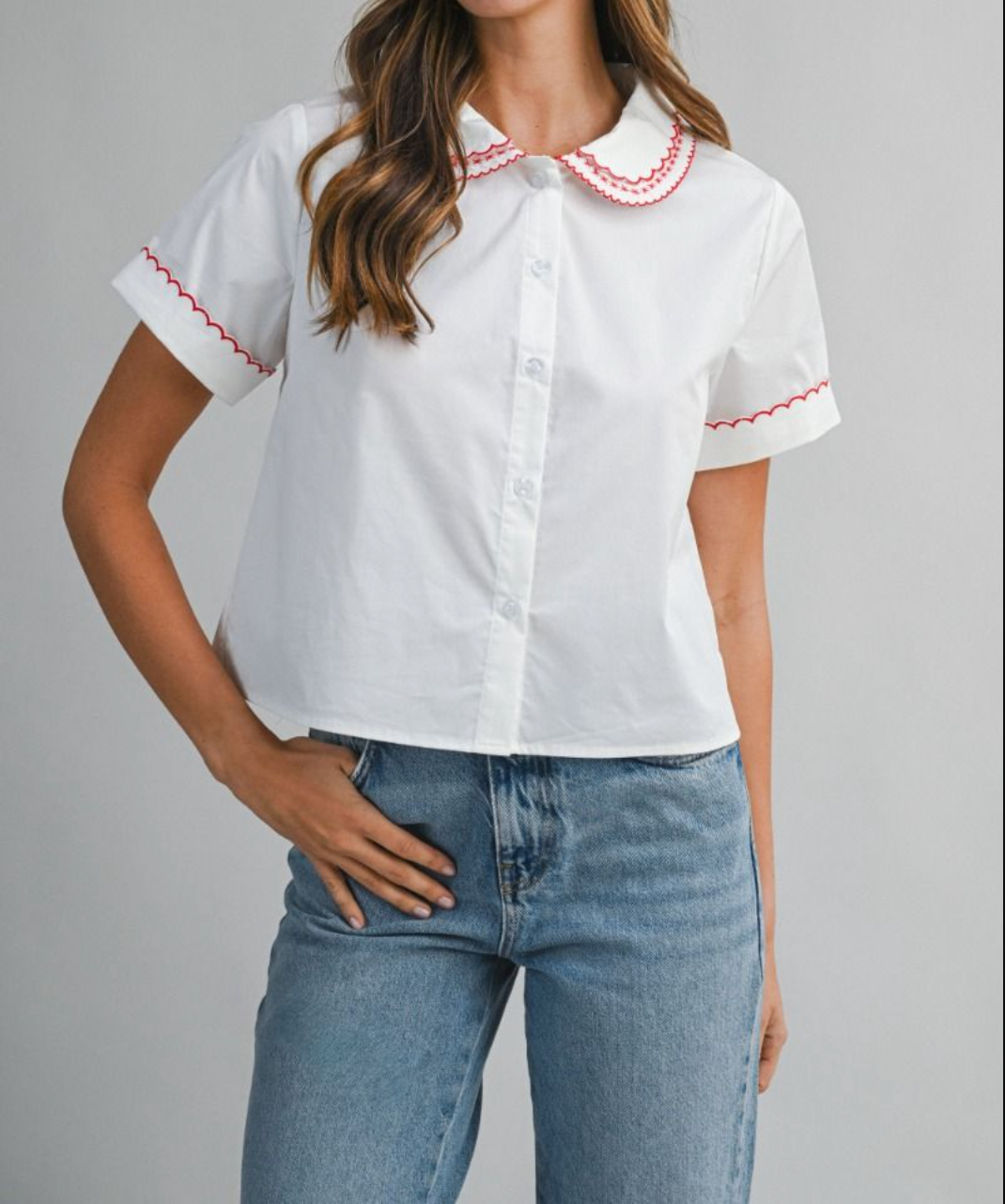 Poplin Embroidered Short Sleeve Top