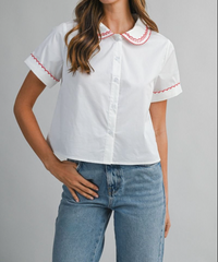Poplin Embroidered Short Sleeve Top
