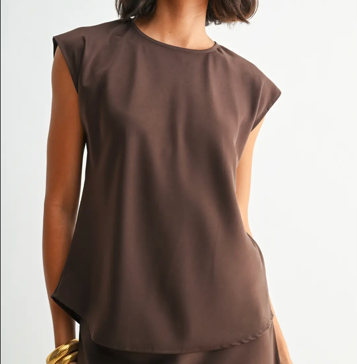 Satin Drop Shoulder Woven Top-Dark Brown