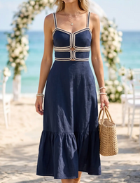 Sweetheart Neckline Midi Dress with Lace Trim Detail - Navy