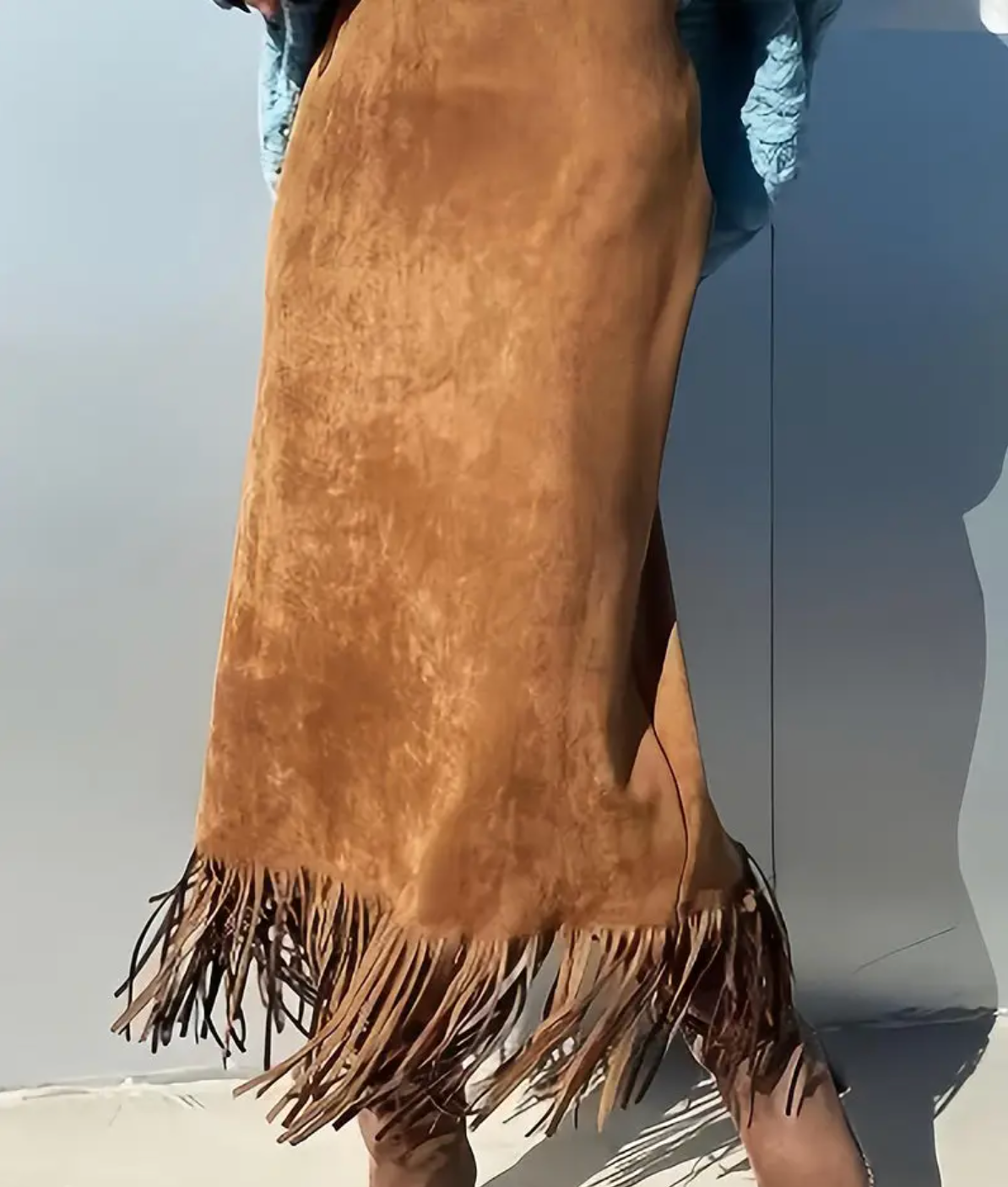 Fringe Hem Bodycon Midi Skirt-Camel