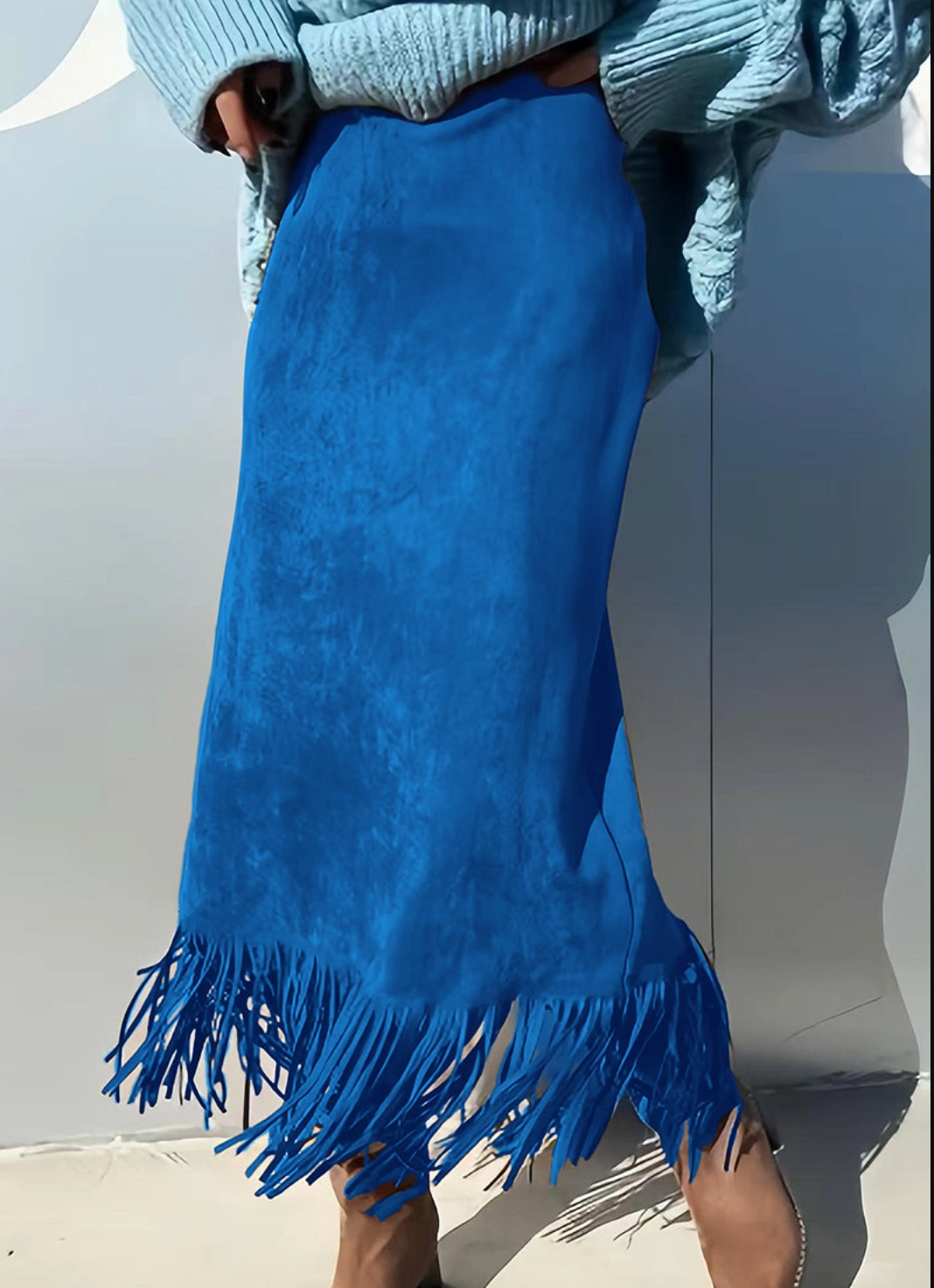 Fringe Hem Bodycon Midi Skirt-Blue