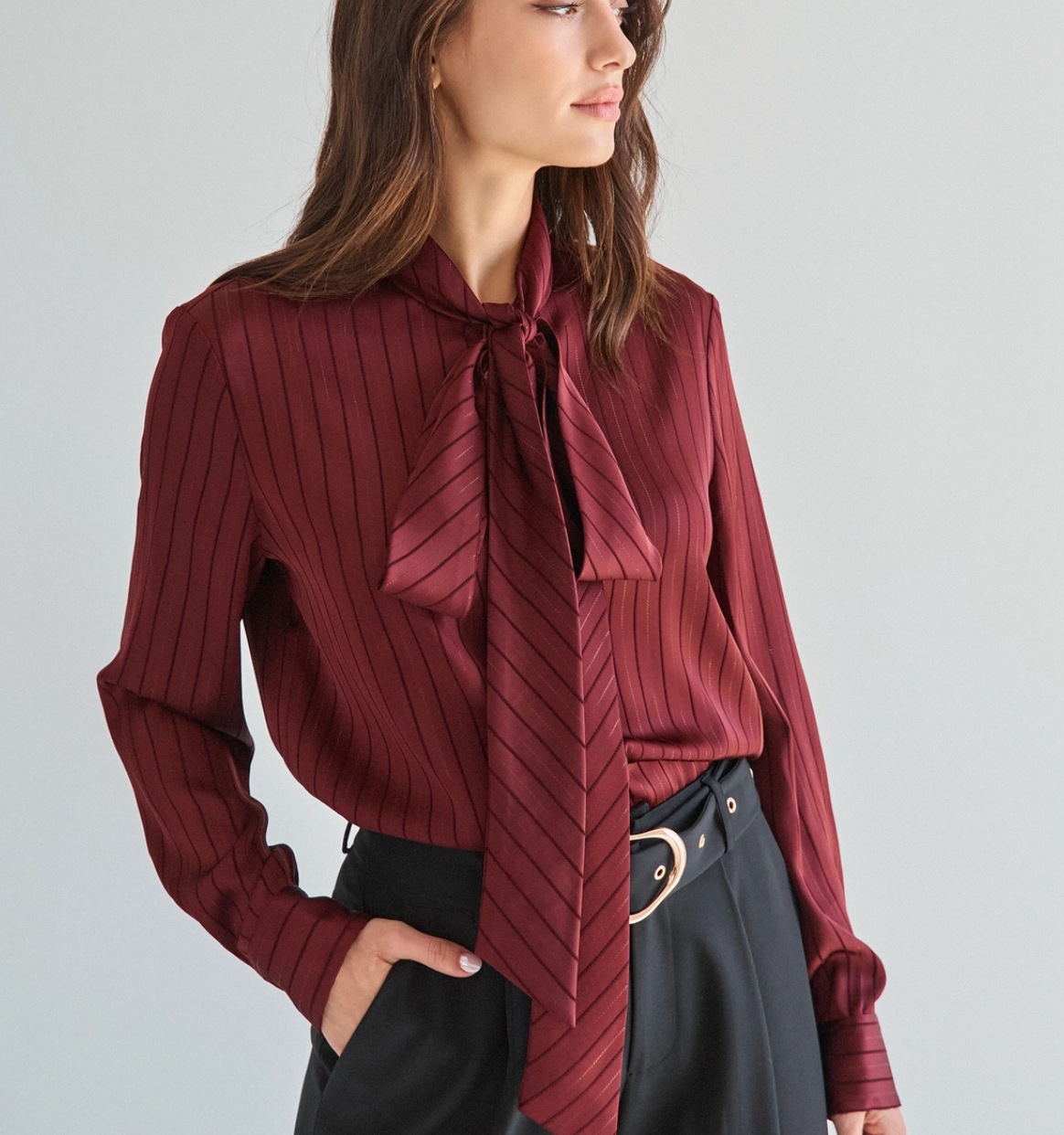 Tie Neck Satin Blouse-Burgundy