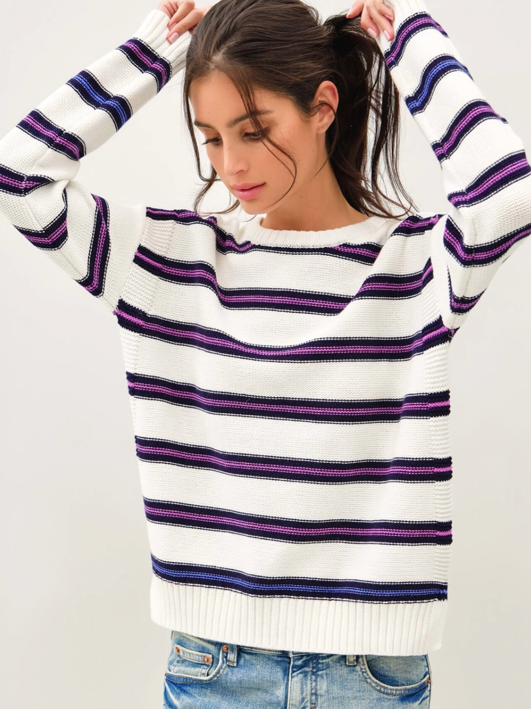 Ribbing Detail Texture Multi Striped Sweater