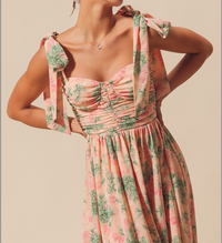 Flowy Floral Print Woven Feminine Dress With Ribbon Strap