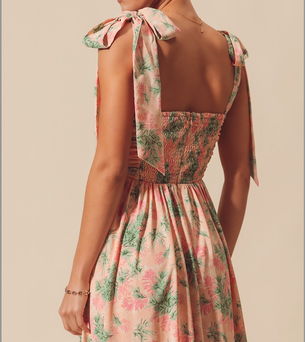 Flowy Floral Print Woven Feminine Dress With Ribbon Strap