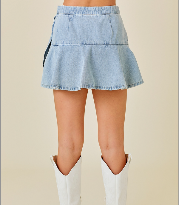 Wrap Front Denim Mini Skort With Ruffles