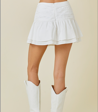 Mini Skort With Gathered Waist & Double Layers-White