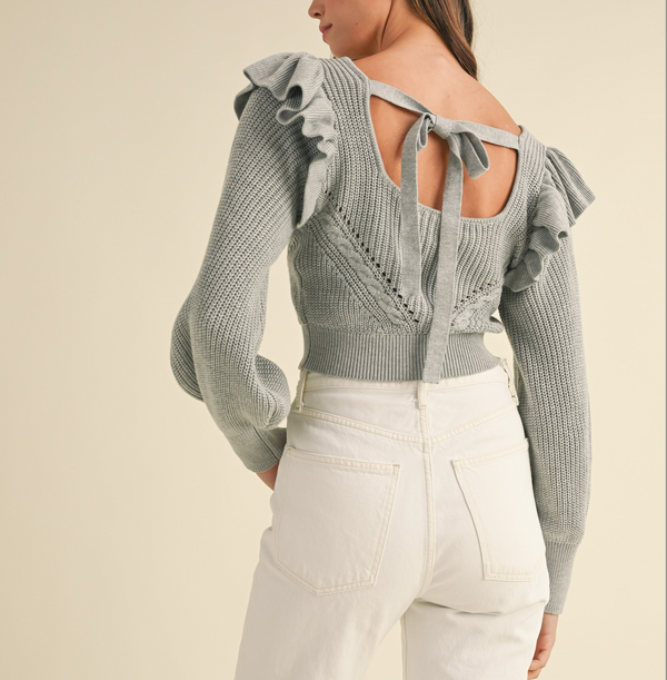 Ruffled Shoulder Knit Top With Back Tie