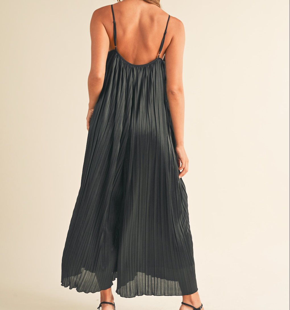 Solid Satin Pleated Wide Leg Jumpsuit