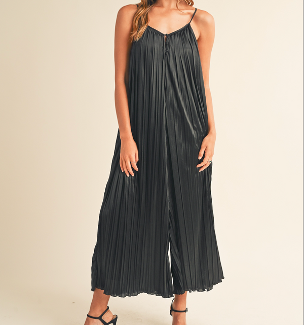 Solid Satin Pleated Wide Leg Jumpsuit