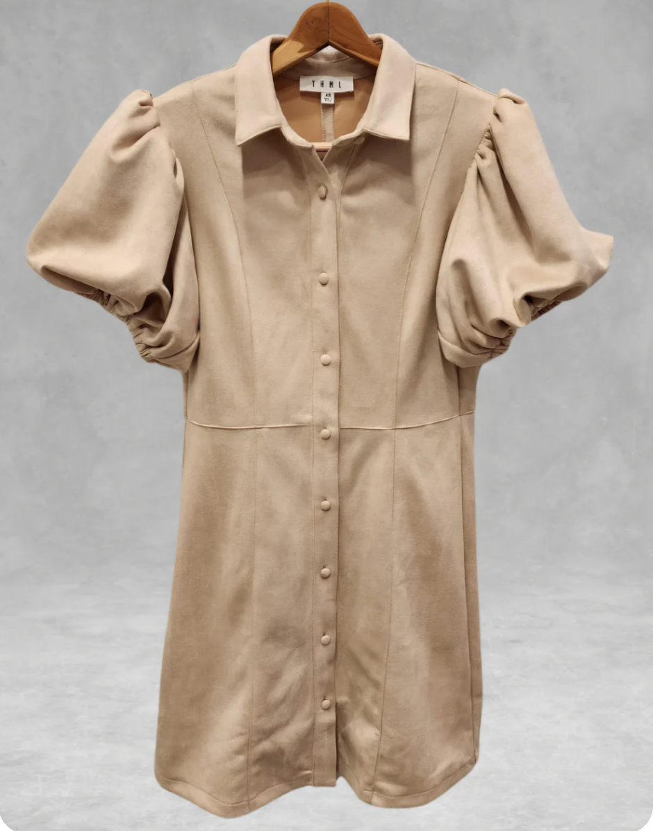 THML Puff Sleeve Suede Button Up Dress