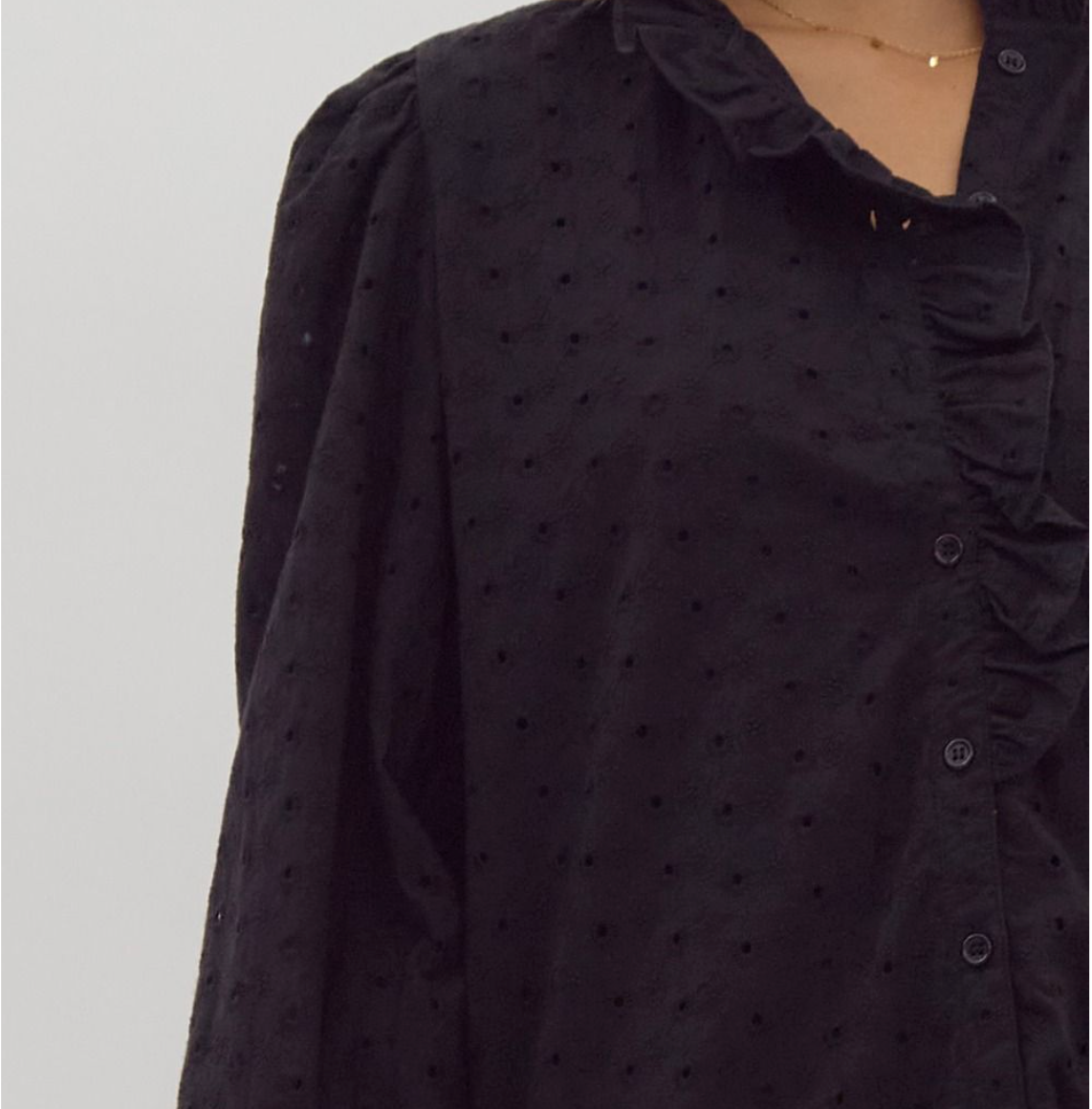 Eyelet ruffle neck long sleeve button down blouse