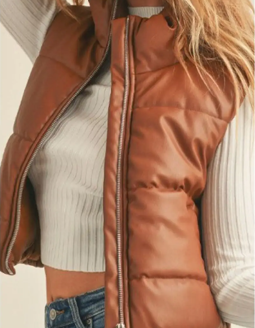 Faux Leather High Neck Puffer Vest-Cognac