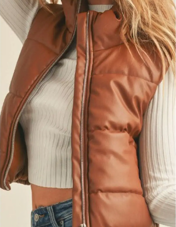 Faux Leather High Neck Puffer Vest-Cognac