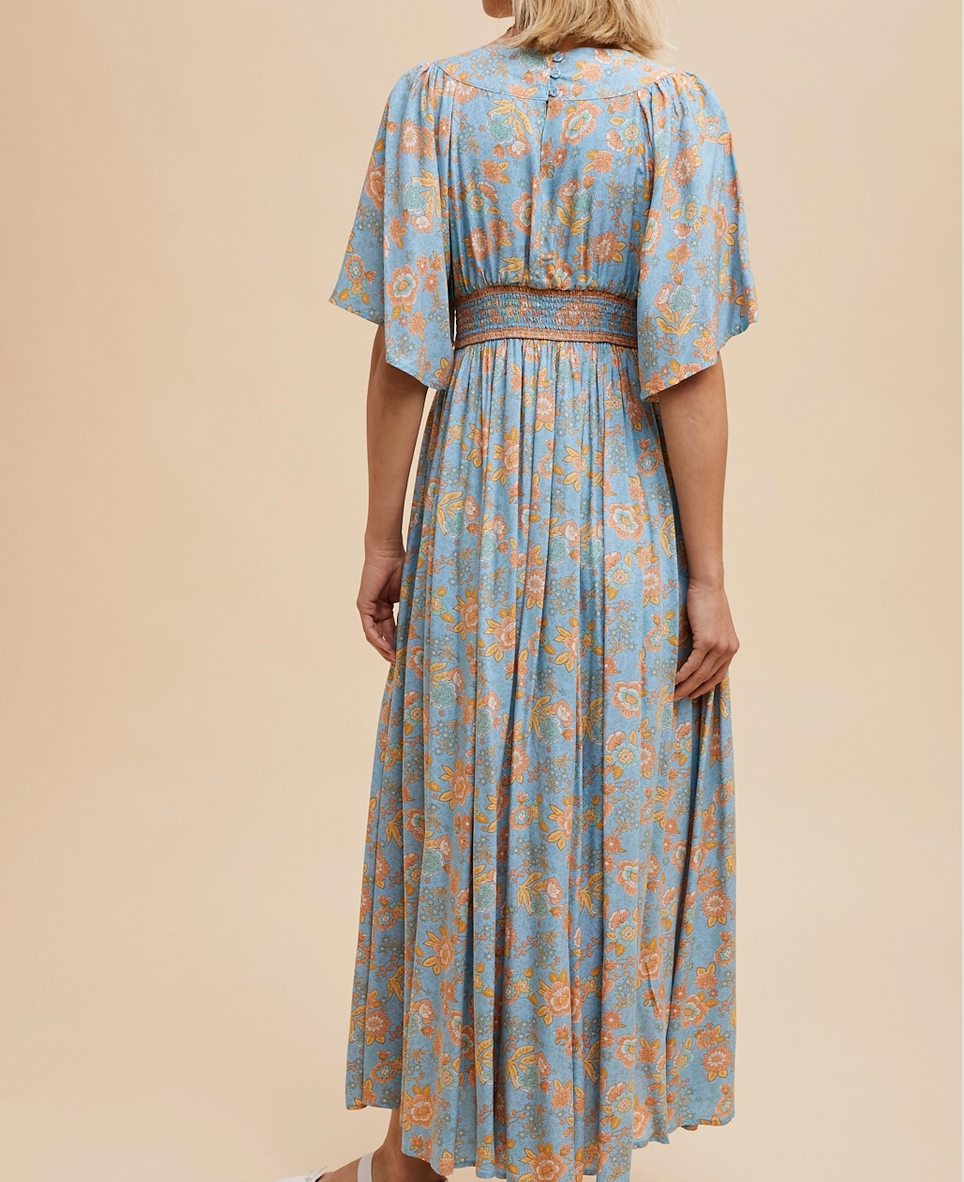 Border Print Flutter Sleeve Maxi Dress