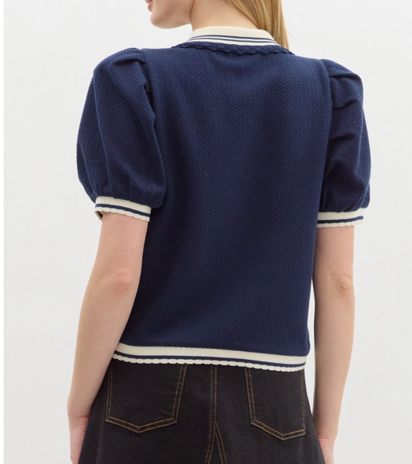 Navy Short Sleeve With Cream Trim