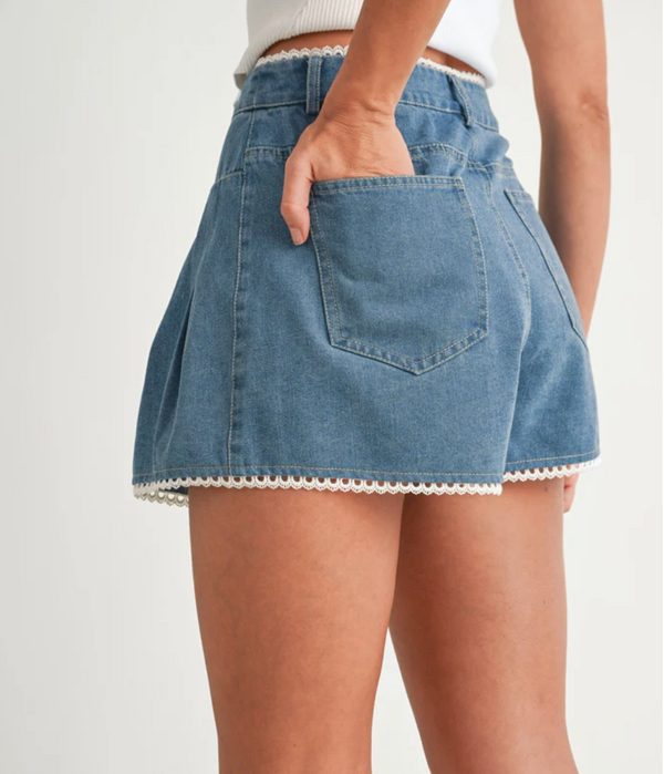 Pleated Denim Shorts With Lace Trim