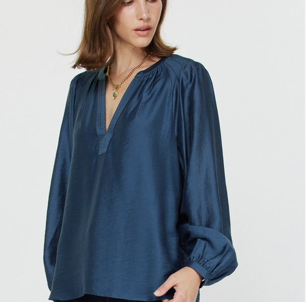 Long Sleeve Split Neck Blouse-Navy
