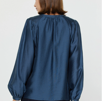 Long Sleeve Split Neck Blouse-Navy