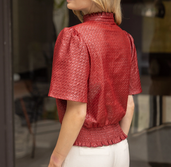 Smocked Hem And Solid Textured Top-Burgundy