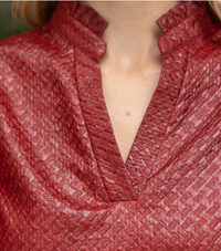 Smocked Hem And Solid Textured Top-Burgundy