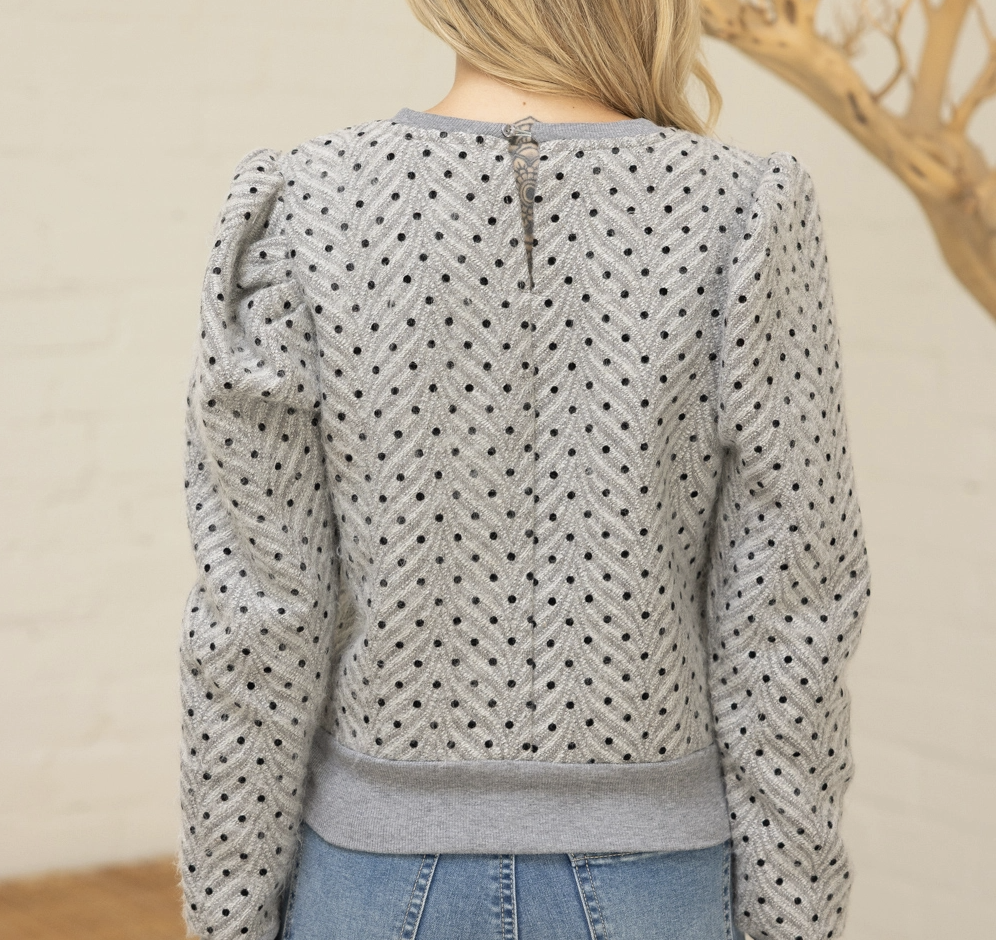 Long Pleated Puff Sleeve Polkadot Top