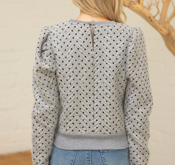 Long Pleated Puff Sleeve Polkadot Top