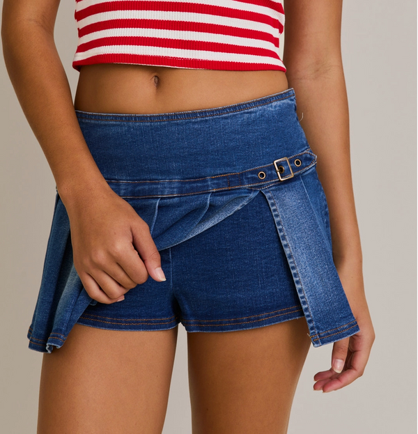 Low Rise Belted Detail Mini Skort with Side Zipper