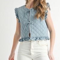 Quilted Ruffle Sleeve Denim Vest